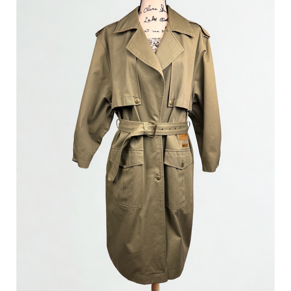 Vtg 90's Together! Trench Coat Belted Olive Green Leather Details Sz 8 Tailored